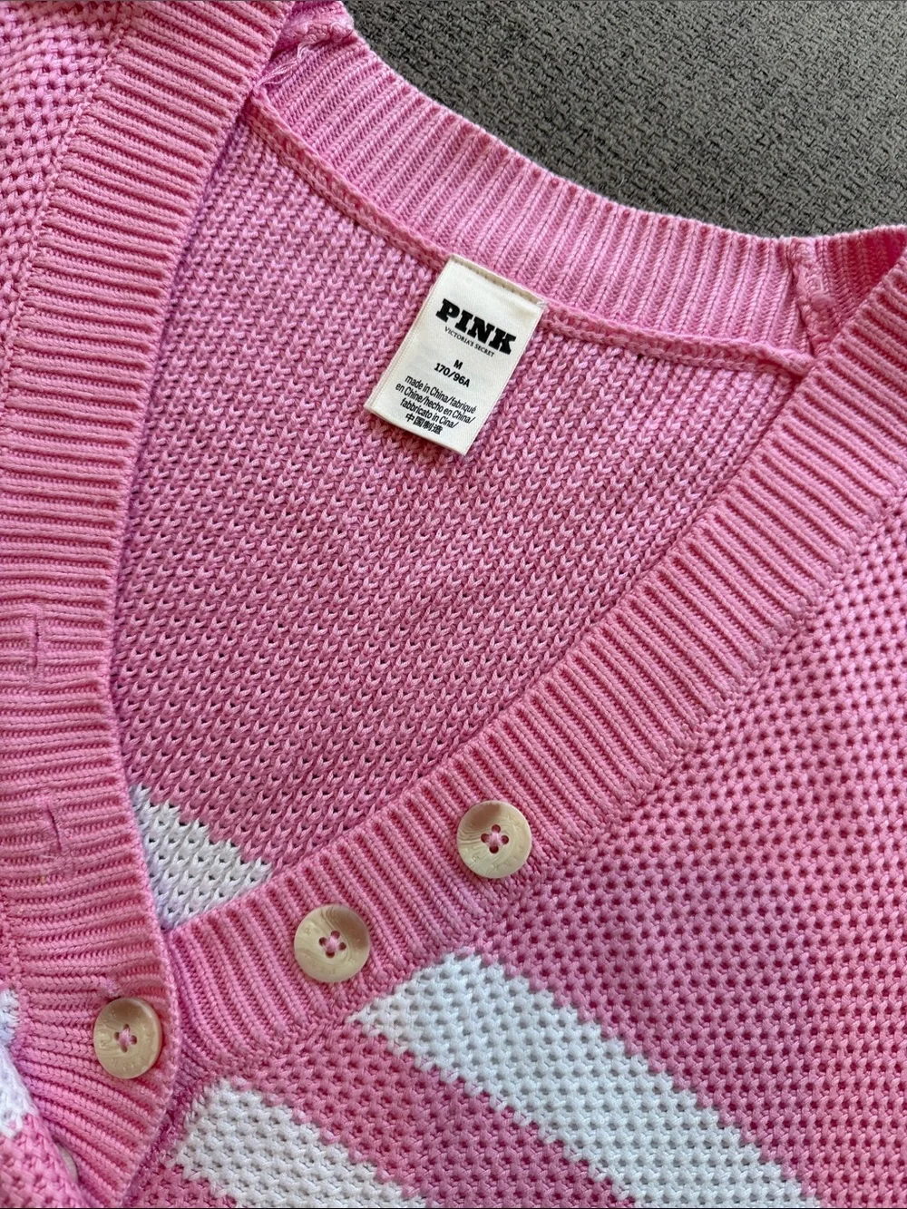 PINK Victoria's Secret Pink & White Striped V-Neck Button Sweater